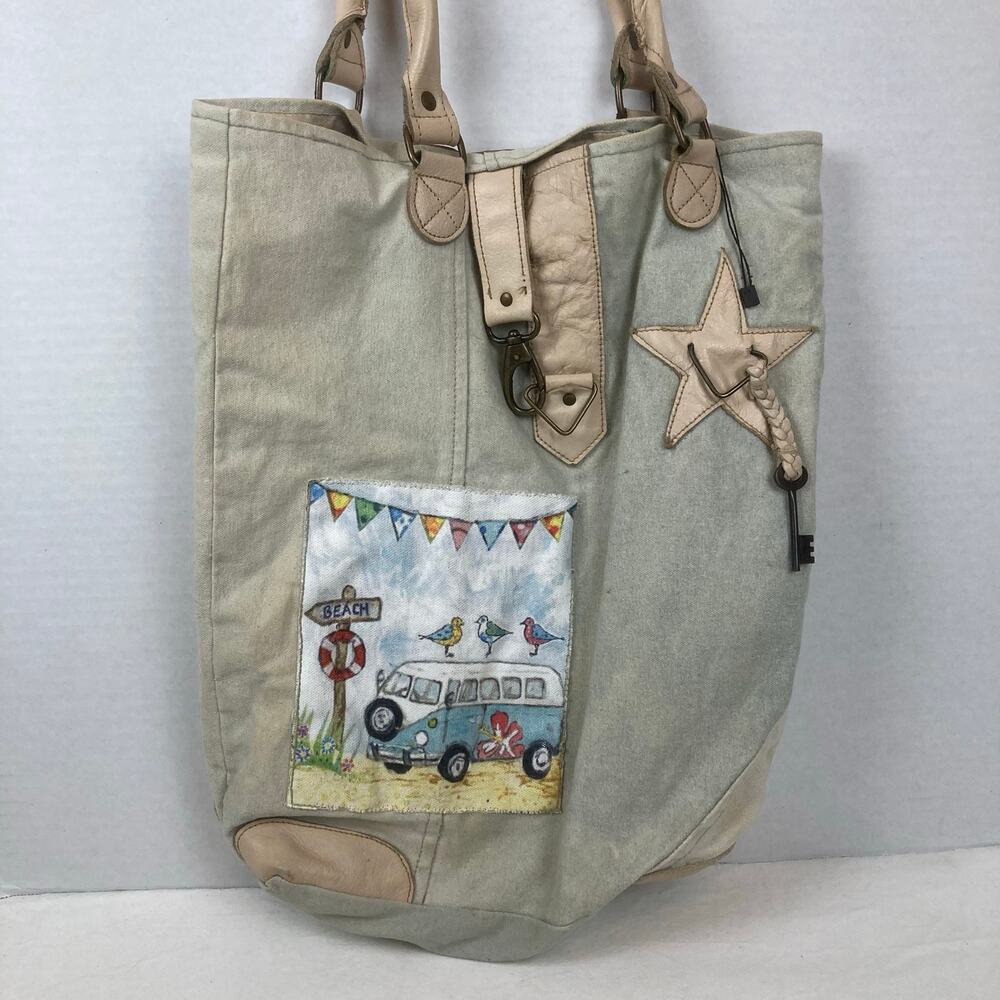 Vintage Addiction Canvas Tote Bag Cream Pink Leather Accent Beach Bus Camper Van - Picture 6 of 16